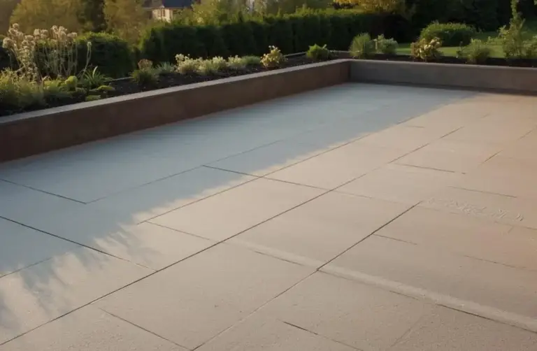 Terrasse mit grossformatigen Aussenplatten und angrenzender Gartenbepflanzung