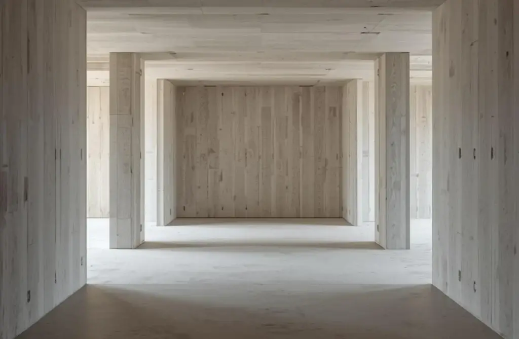 Ausgebauter Innenraum mit heller Holzverkleidung vor dem Plattenlegen