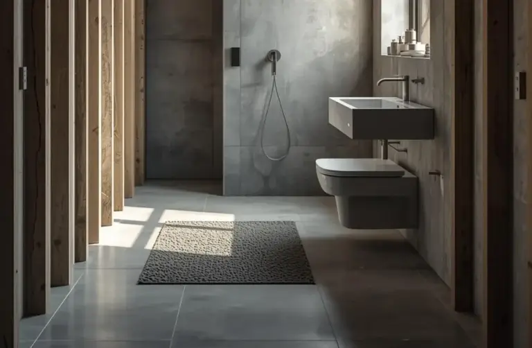 Badezimmer mit Dusche, Waschtisch und durchgehendem Plattenboden