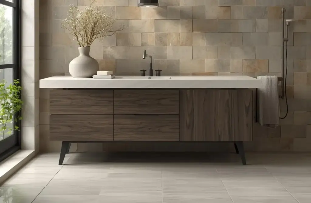 Badezimmer mit Wandplatten in Steinoptik und freistehendem Waschtisch