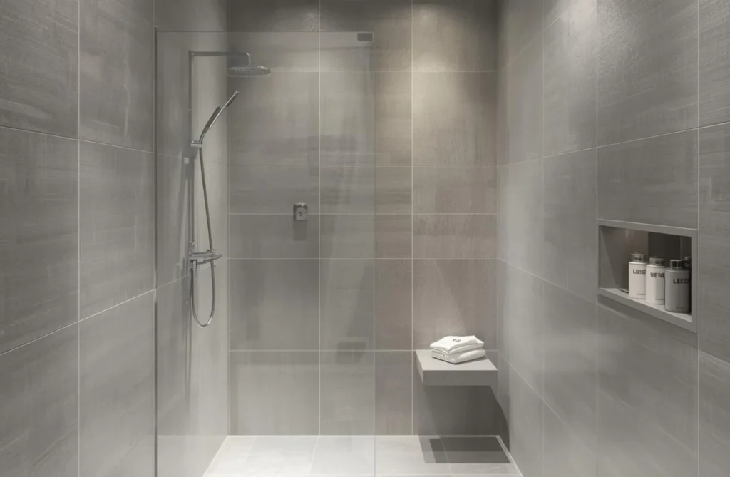 Begehbare Dusche mit hellen Wandplatten und Ablagenische