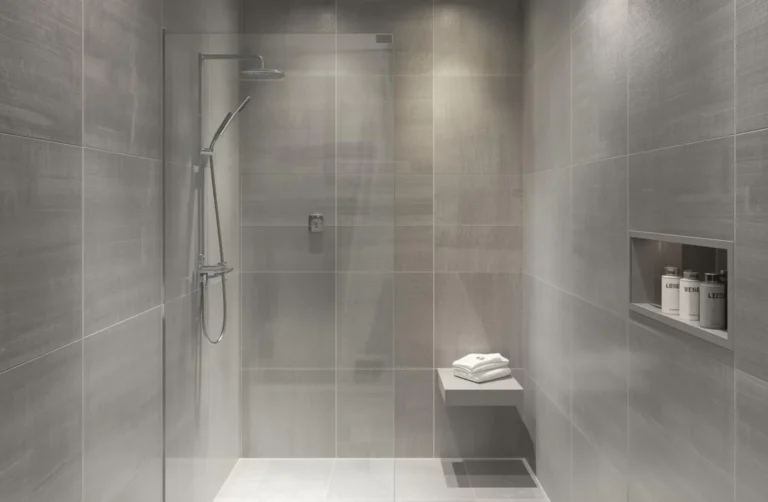 Begehbare Dusche mit hellen Wandplatten und Ablagenische