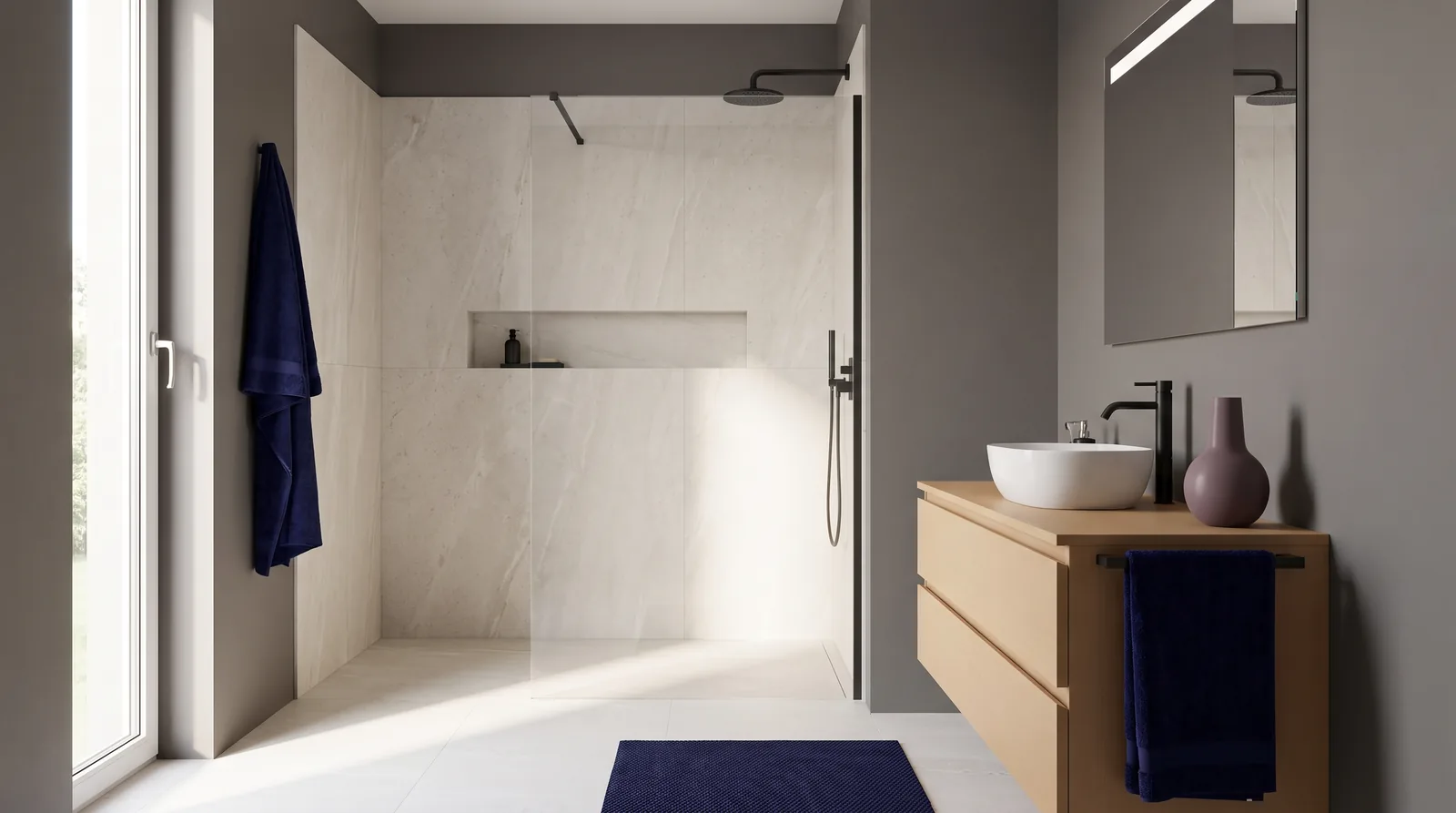 Saniertes Badezimmer mit bodenebener Dusche und grossformatigen Wandplatten – Beispiel für typische Badsanierung Kosten