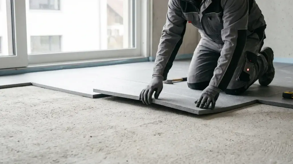 Handwerker legt Dämmplatten auf einem Betonboden aus