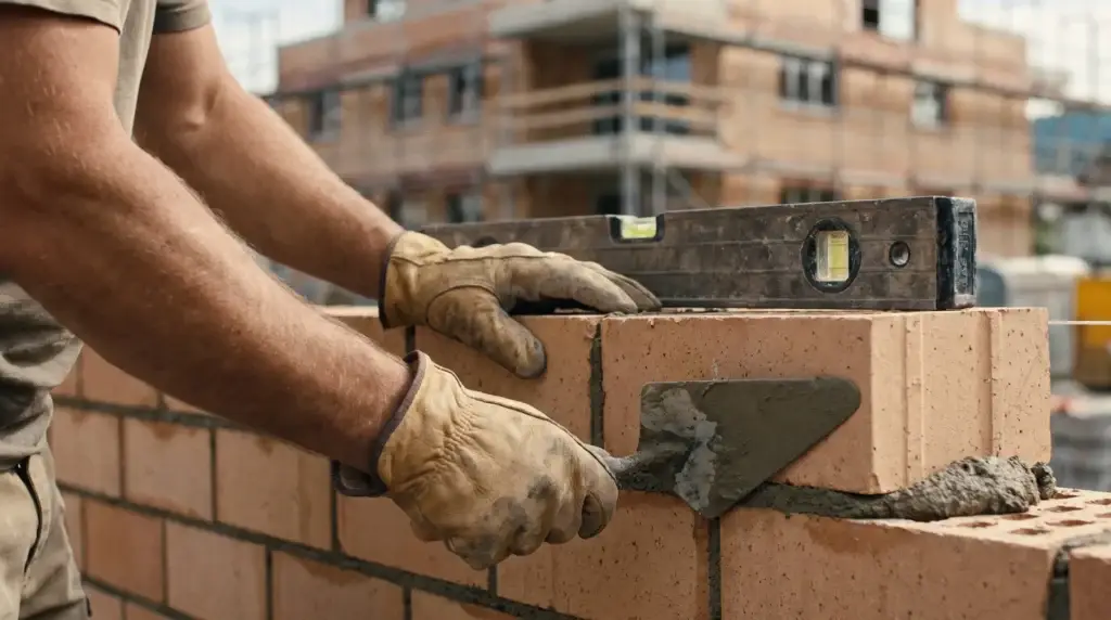 Maurer trägt mit der Kelle Mörtel auf eine neue Backsteinmauer auf, Wasserwaage auf der Mauerkrone